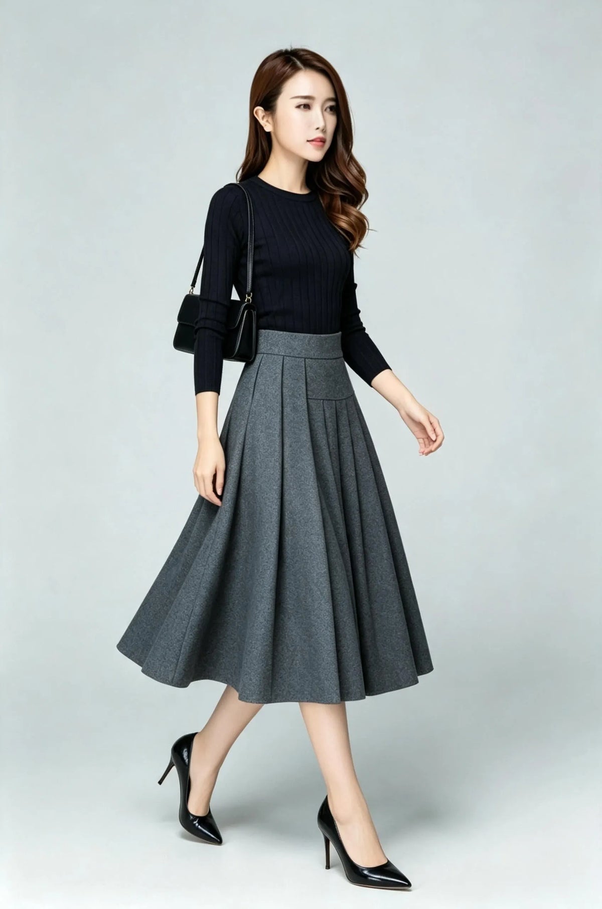 Gray Wool Blend A-Line Midi Skirt - High Waist Pleated Elegance 6926
