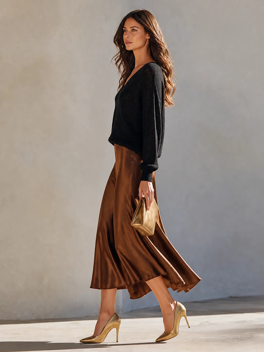 Women's V-Neck Knit Top & Faux-Silk Midi Skirt Set MDZ2781H4ZRK