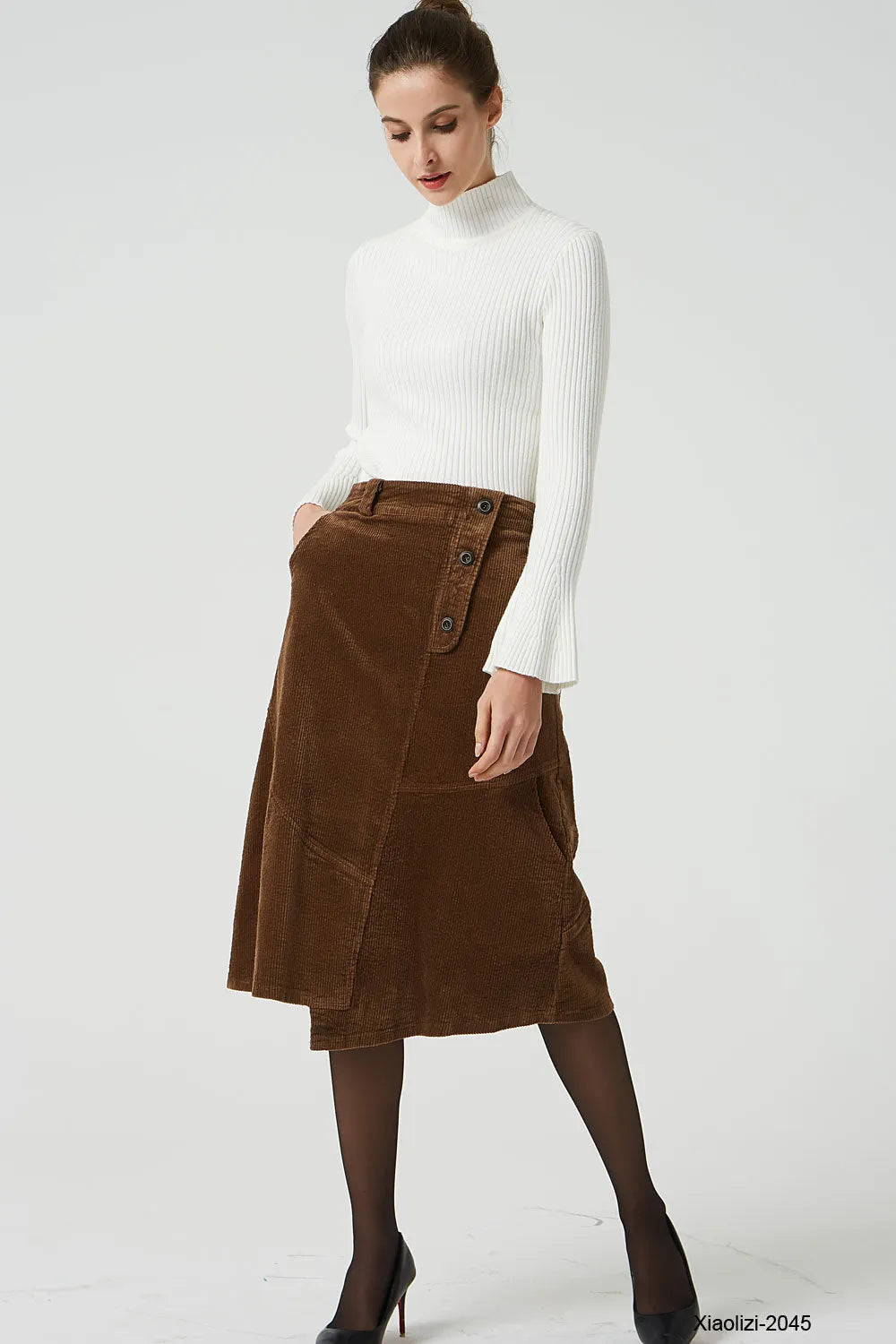 Brown Corduroy Knee Length Skirt - A-Line with Elastic Waistband 2045