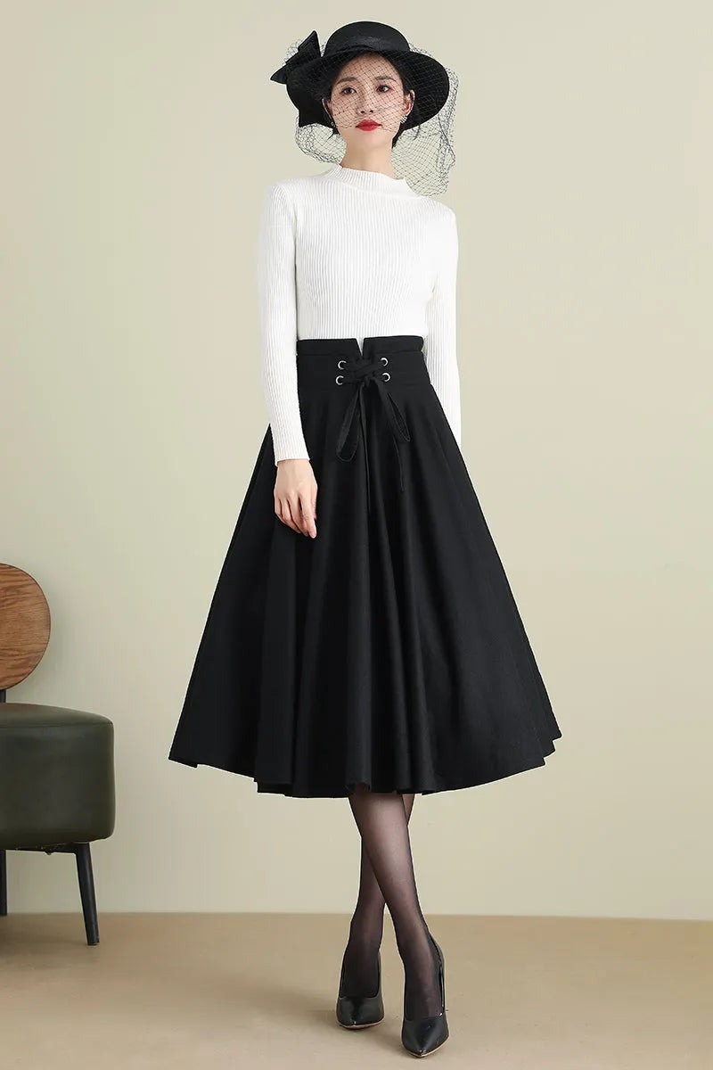 Black Wool Midi Skirt - High Waist Circle Swing 
