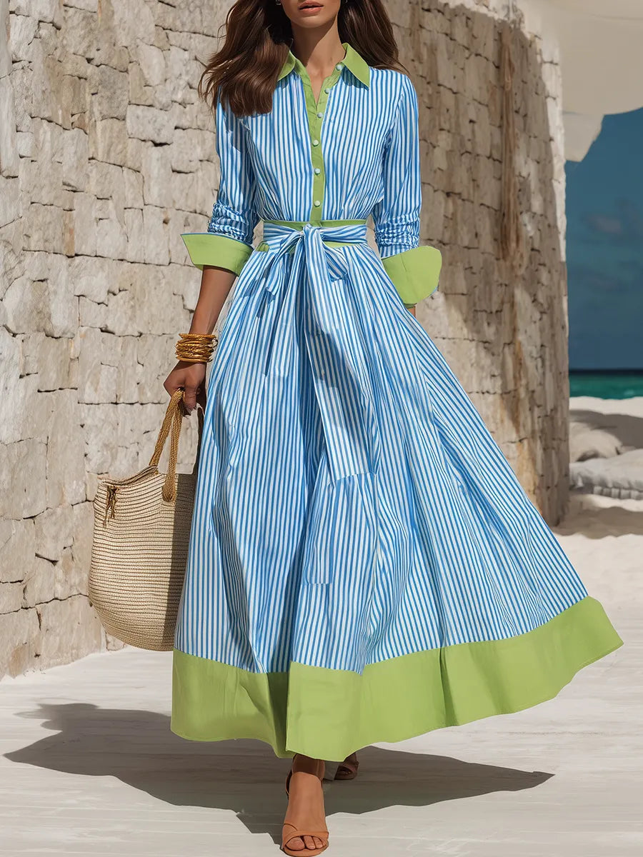 Retro Color-Blocked Hem Blue And White Striped Maxi Dress