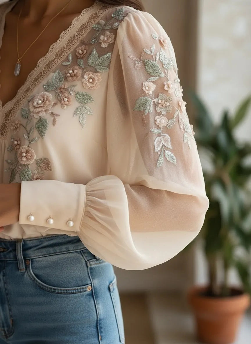 Elegant Floral Embroidered Chiffon Blouse with V-Neck and Puff Sleeves