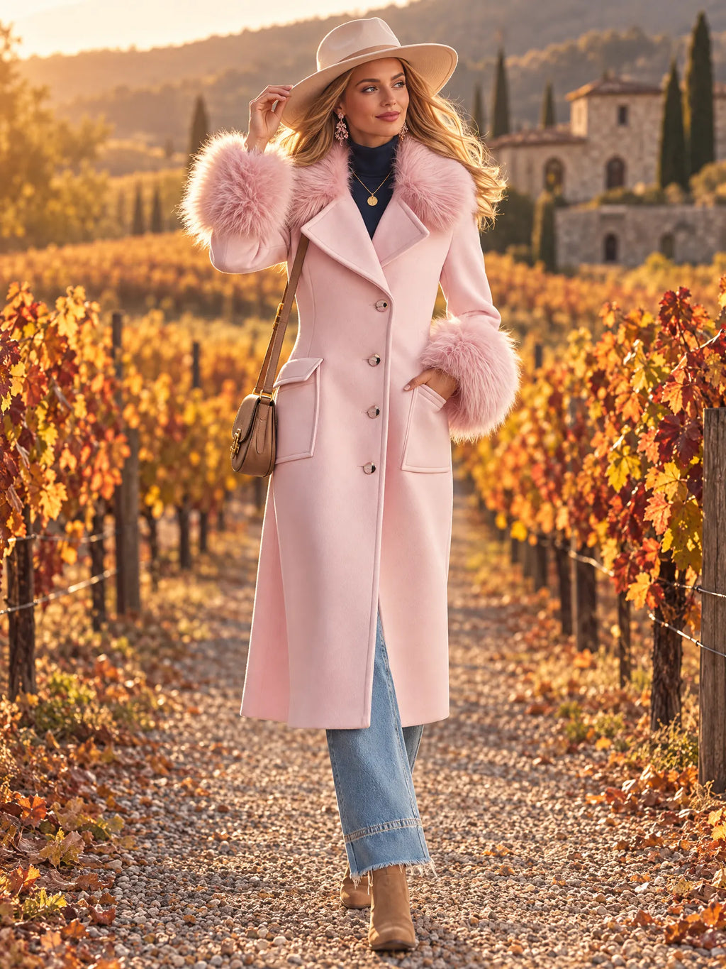 Elegant Faux-fur Collar And Cuffs Long Pink Wool-blend Coat