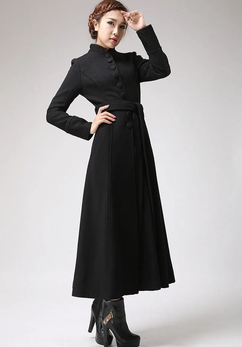 Handmade Black Wool Maxi Coat – Elegant Mandarin Collar Winter Overcoat with Belt 