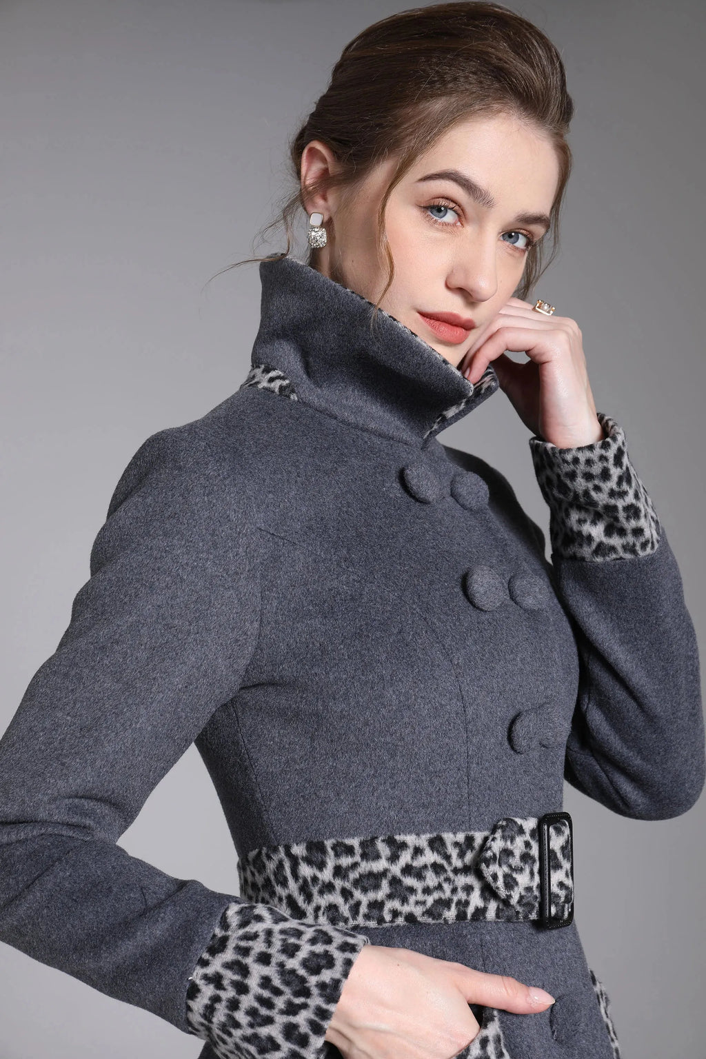 Gray Wool Midi Swing Coat - Leopard Trim & Belted Fit and Flare 3872