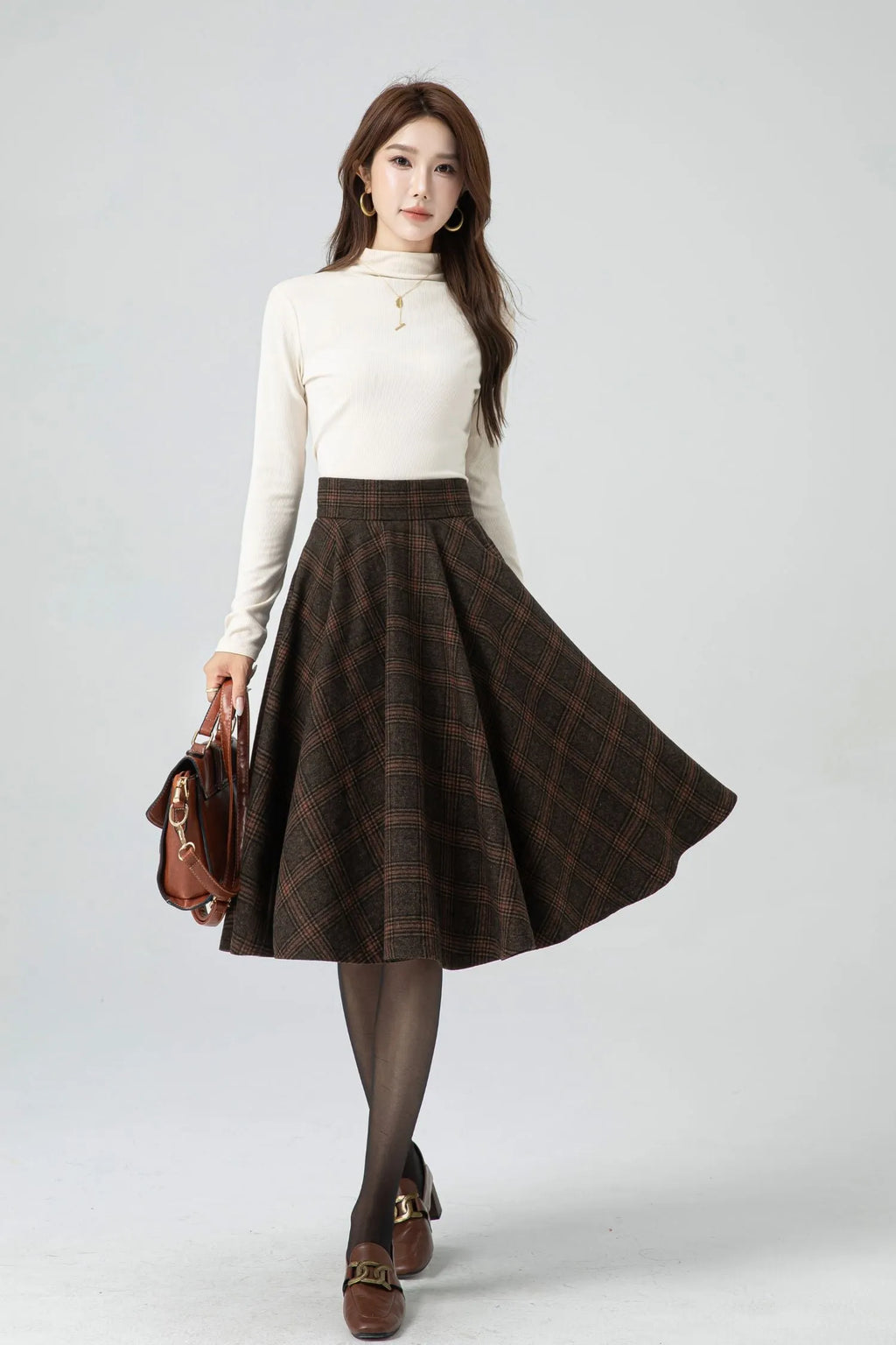 Brown Plaid Wool Midi Skirt – Vintage High Waist Pleated Circle Skirt 5323