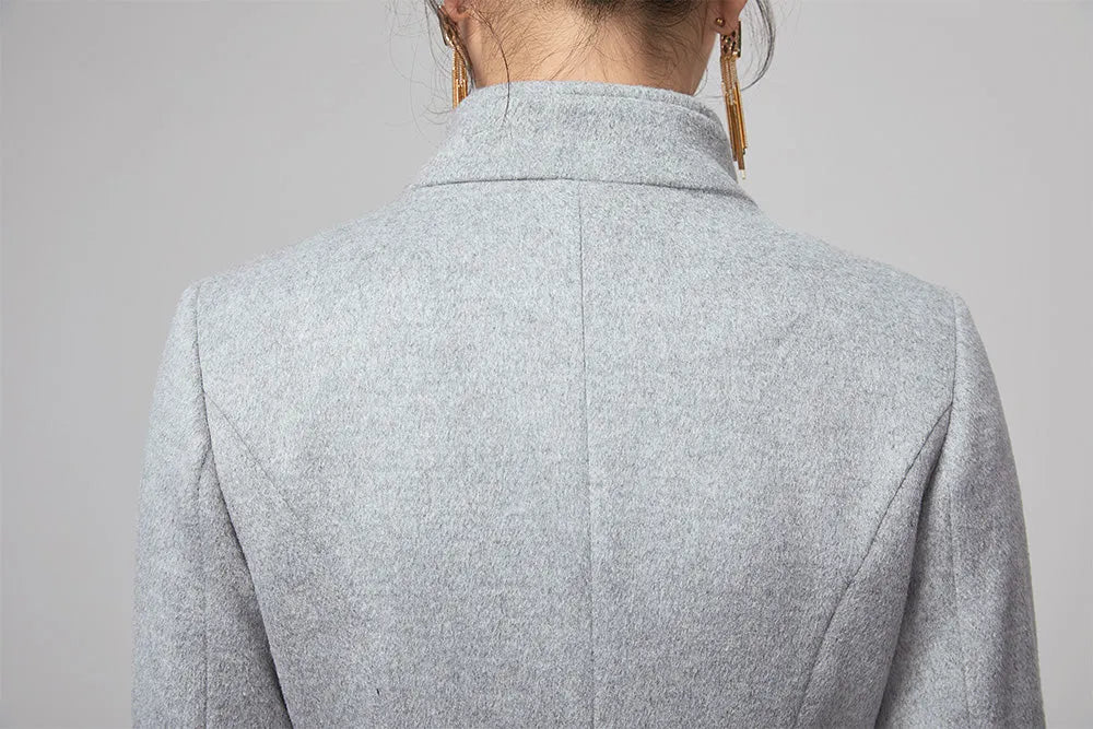 Light Grey Wool Coat – Women’s Vintage Stand Collar Winter Midi Coat with Belt 2205
