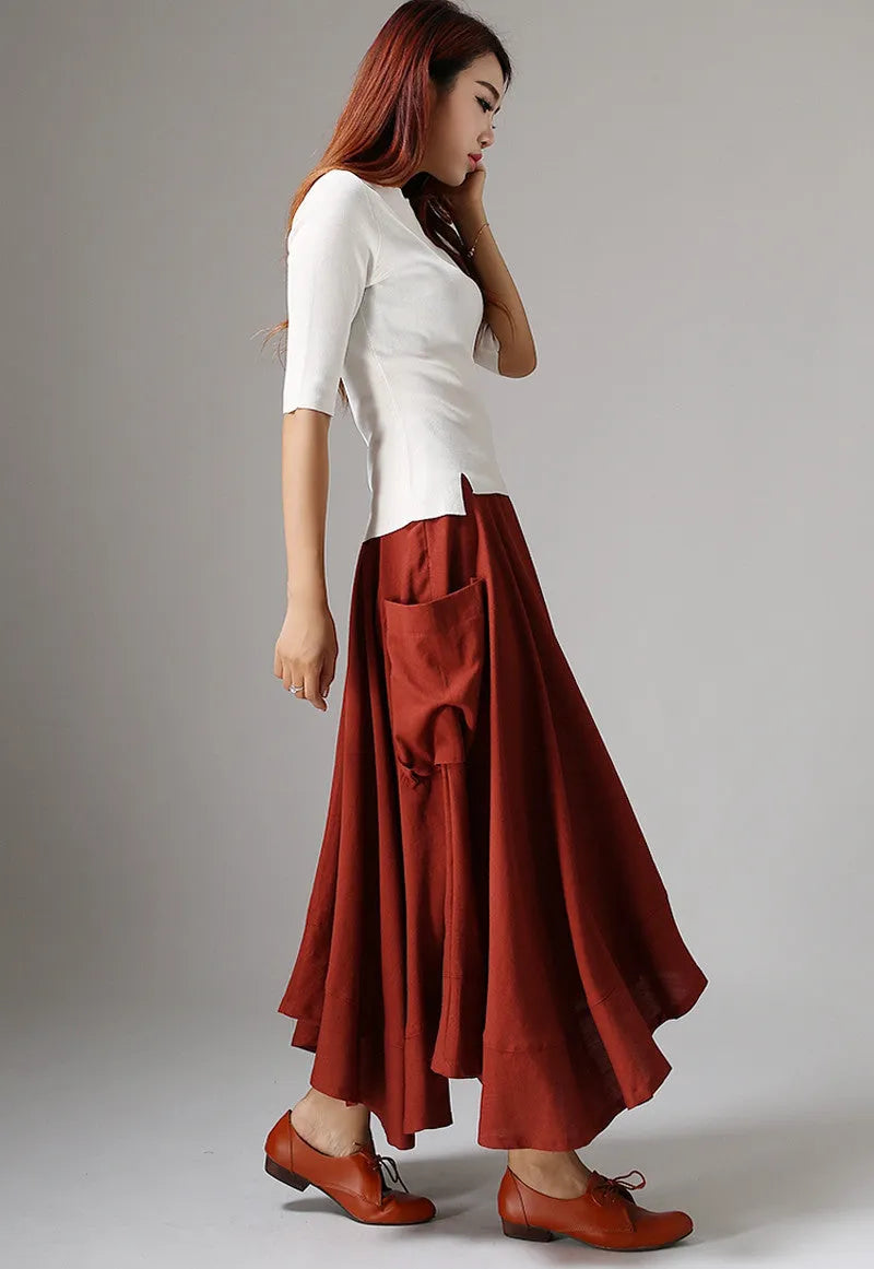 Red Linen Maxi Skirt - Asymmetric Ruffle Hem Pockets 