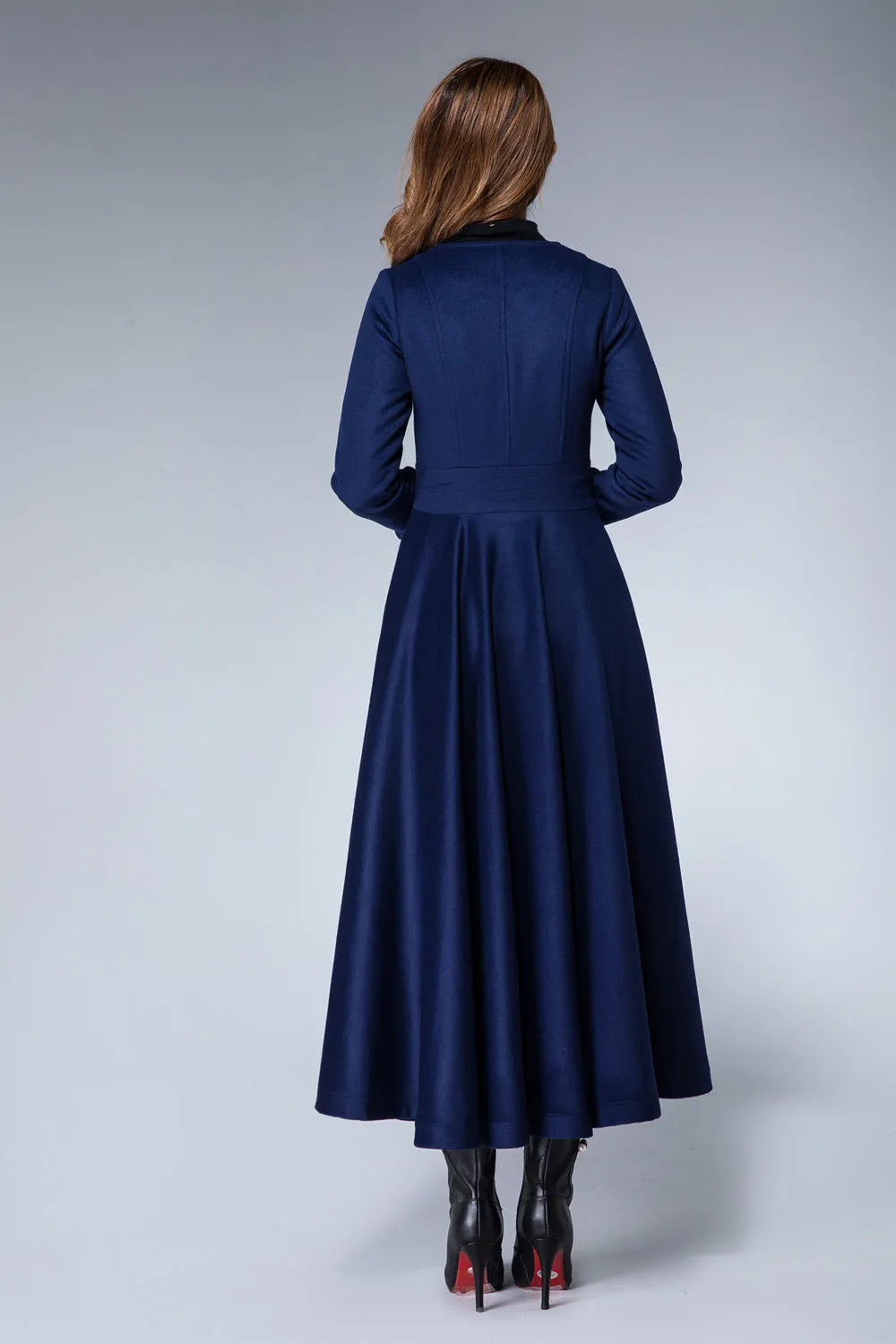 Navy Wool Coat – Handmade Vintage Maxi Winter Coat with Ruffle Trim 