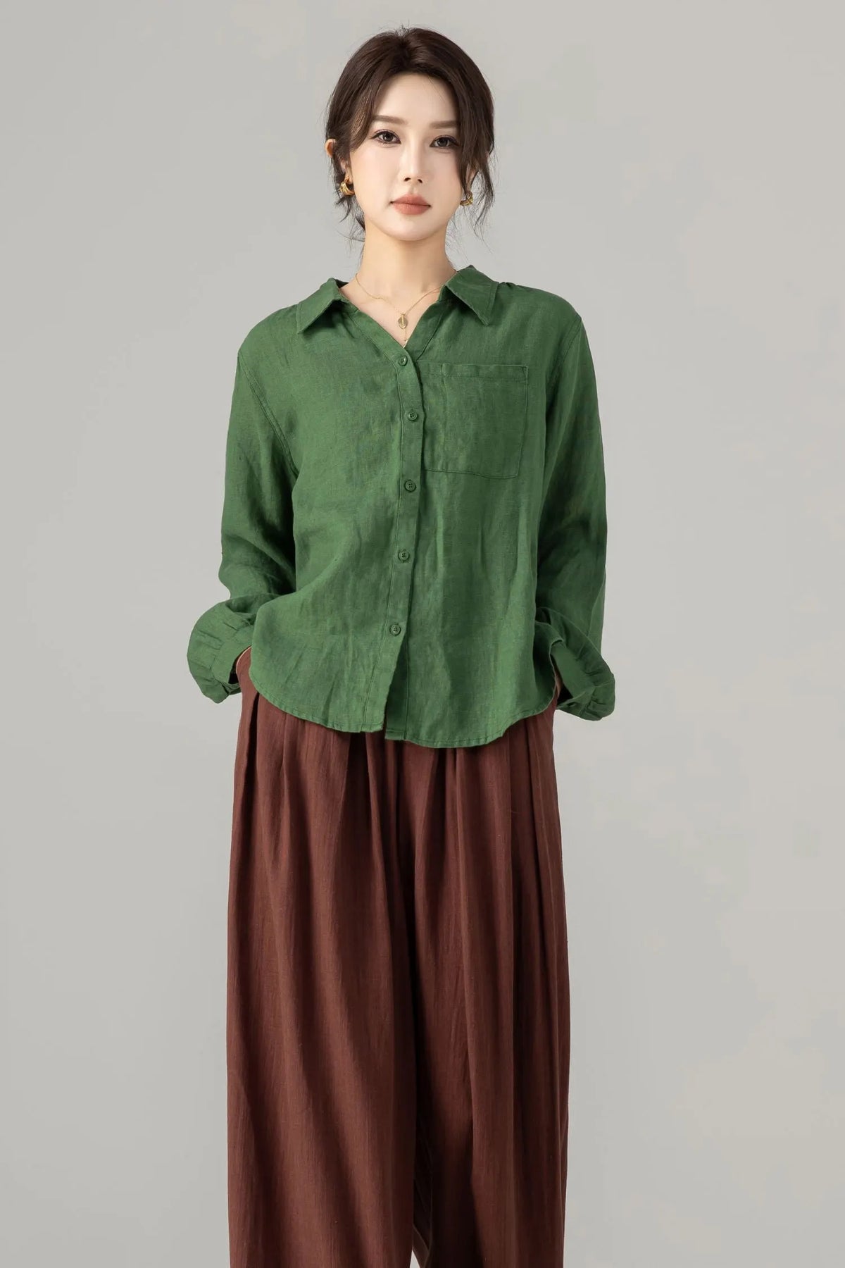 Green Linen Blouse - Loose Fit Vintage Collar Long Sleeve 