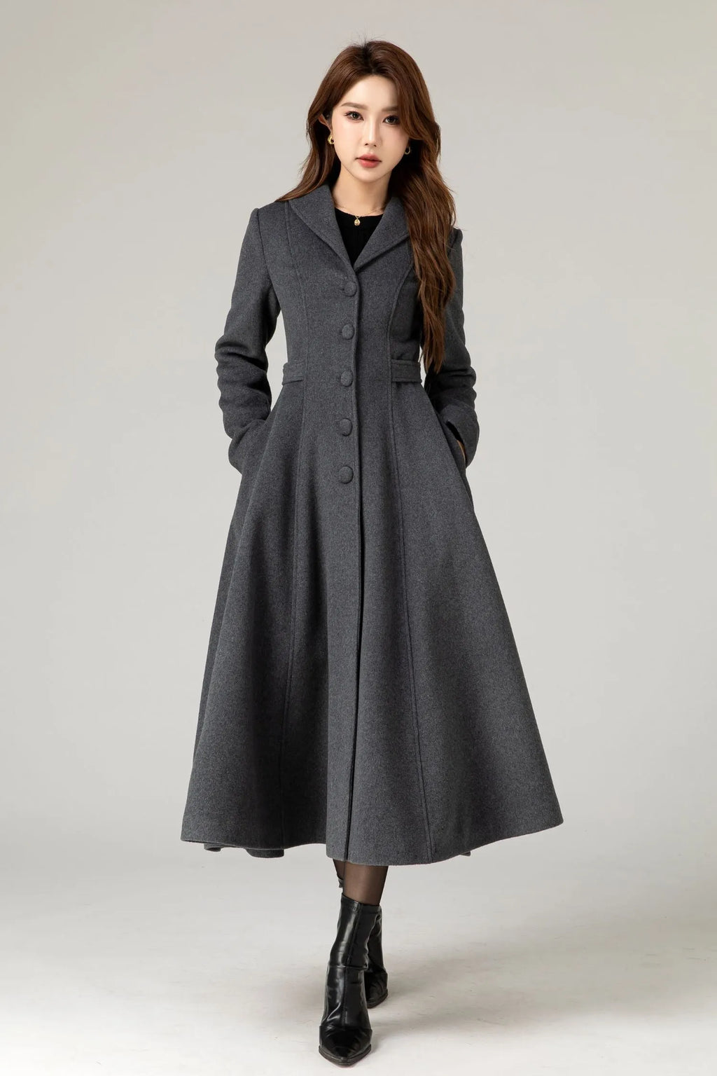 Handmade Charcoal Grey Wool Coat – Vintage Tailored A-line Long Winter Overcoat 