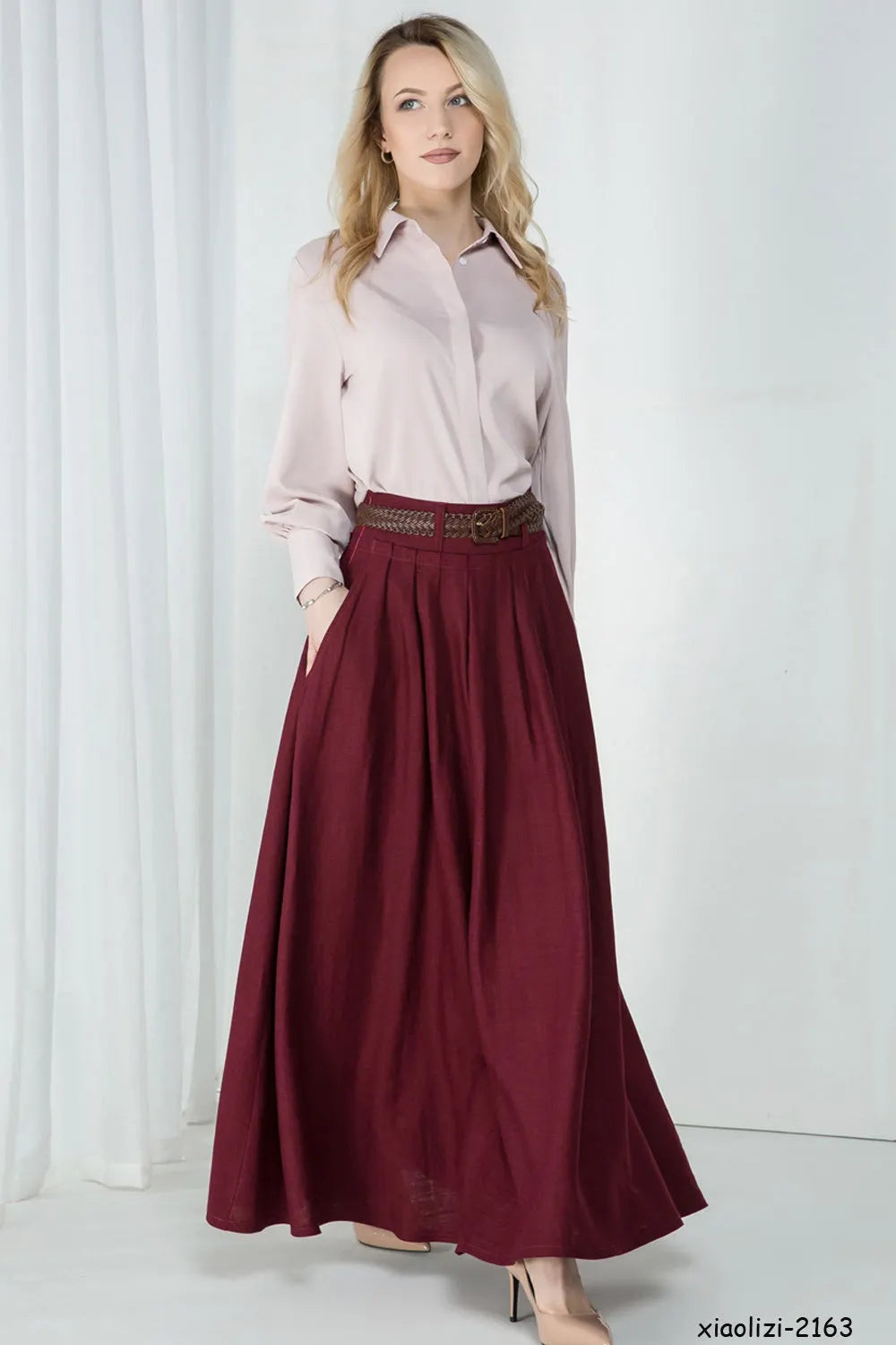 Handmade Navy Blue Linen Maxi Skirt – High Waist with Pockets 1046