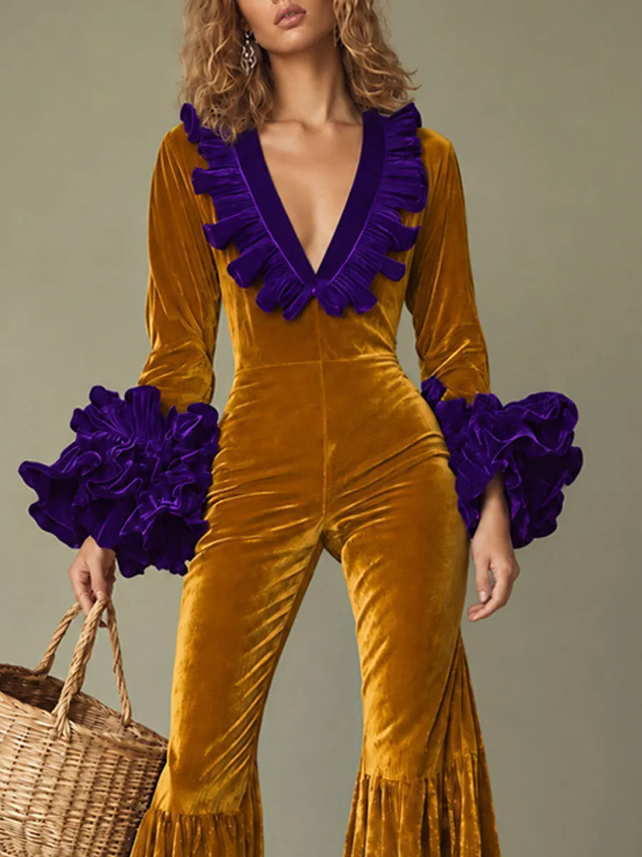 Fashion Party Purple Ruffle Long Sleeve Flared Gold Velvet Jumpsuit