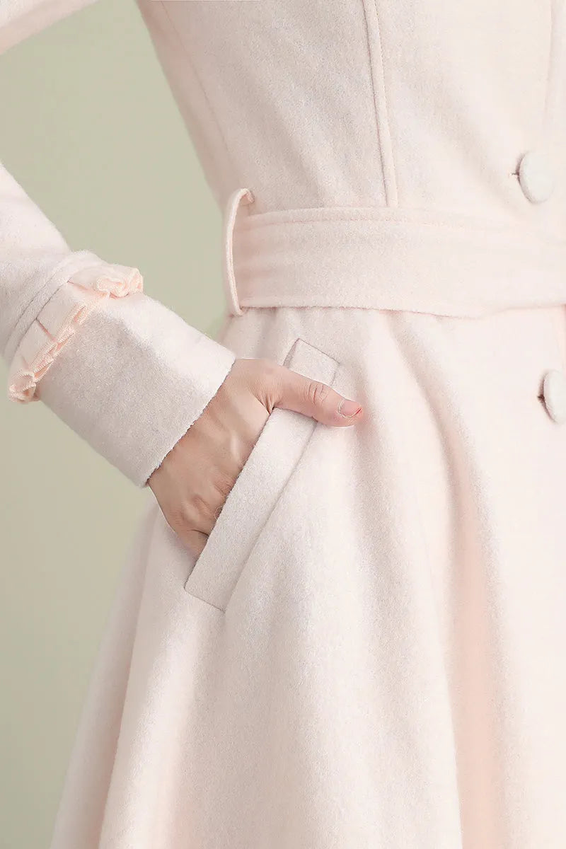 Pink Wool Coat – Women’s Hooded Asymmetrical Long Winter Coat with Belt 3901