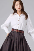 White Linen Cotton Shirt for Women – Puff Sleeve Vintage Inspired Button Blouse 