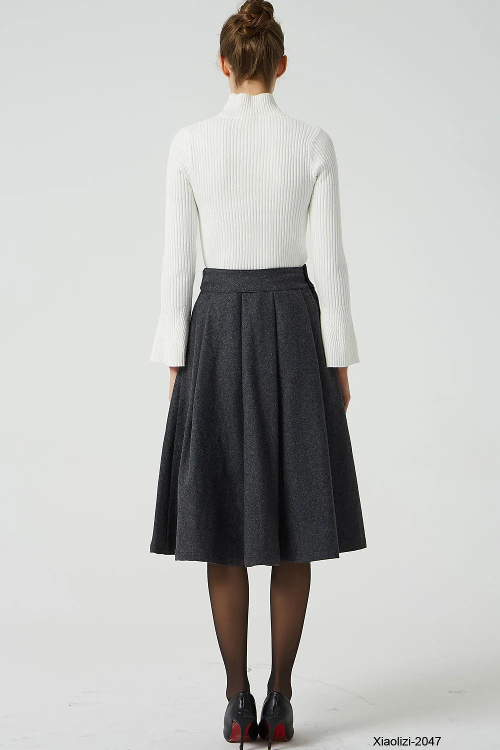 Handmade Wool Pleated Skirt – Dark Gray High Waist Knee Length 