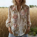 Linen Bohemian Embroidered Top Women's Loose Long Sleeve Peasant Blouse Ethnic Vintage Style Summer Casual Shirt