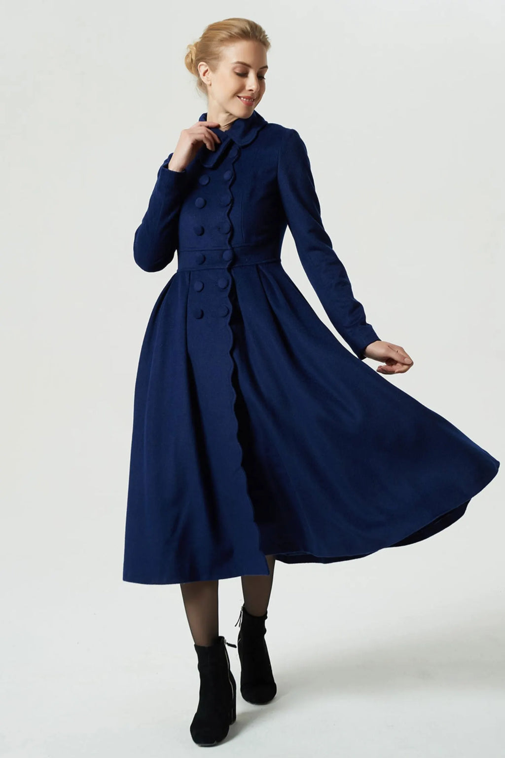 Handmade Navy Wool Coat – Vintage Princess Winter Maxi Overcoat 1971