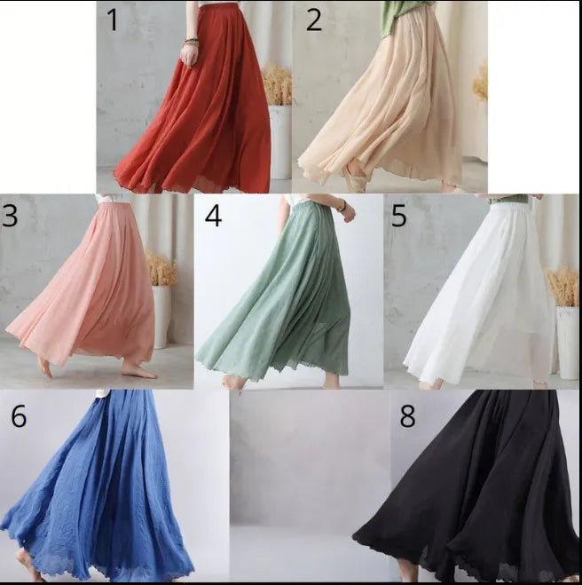 Boho Linen Maxi Skirt, Pleated Elastic Waist 