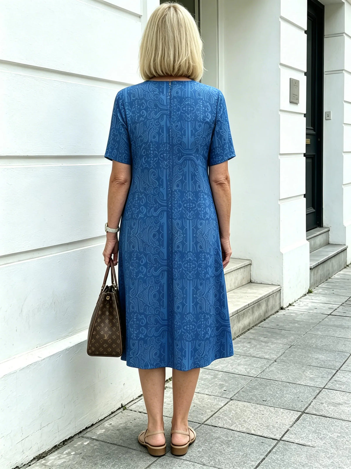 Blue Paisley Print Loose Midi Dress, Round Neck Short Sleeve Tummy Concealing Slimming Temperament Dress for Mature Wome