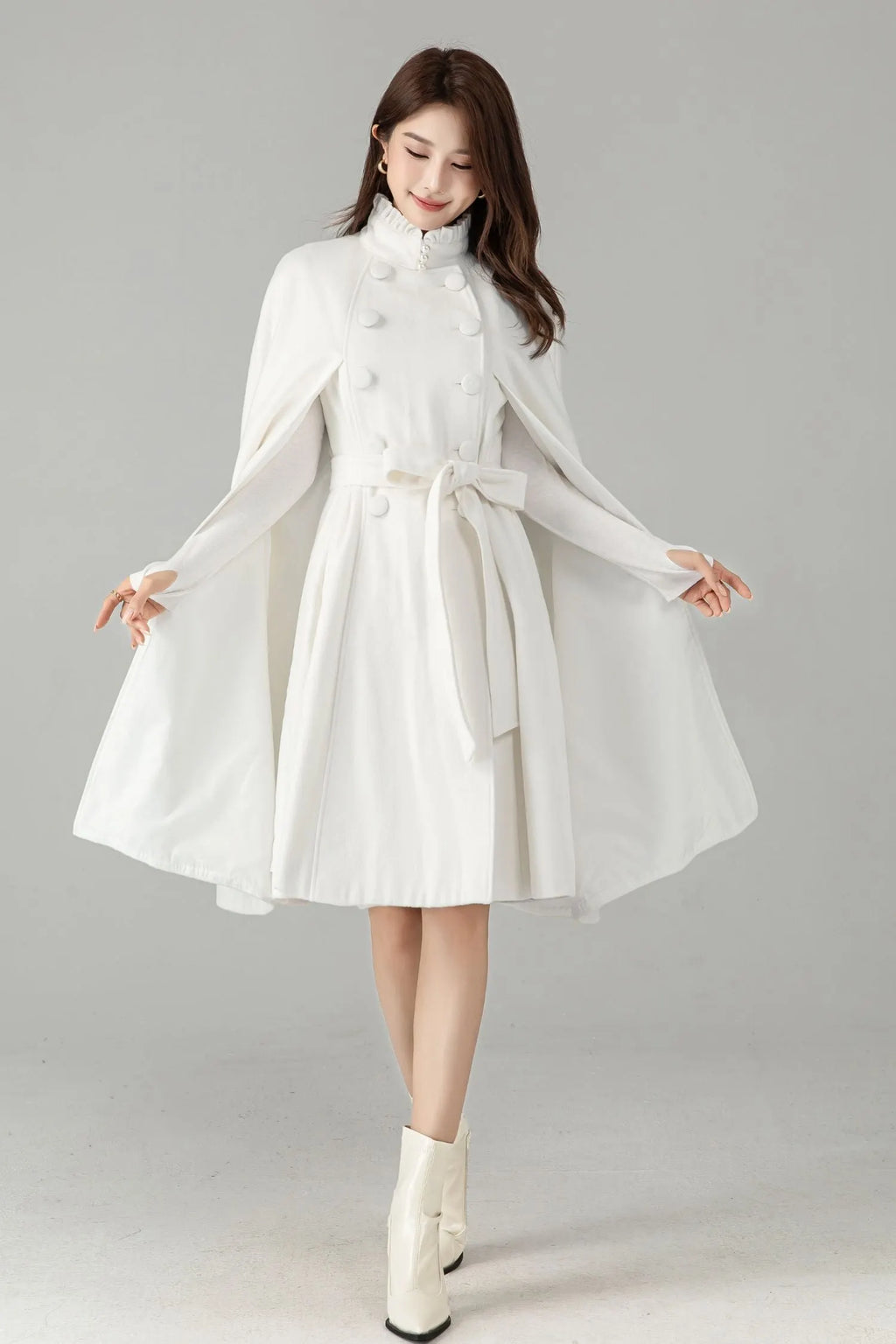 White Wool Cape Coat – Elegant Belted Winter Dress Coat 