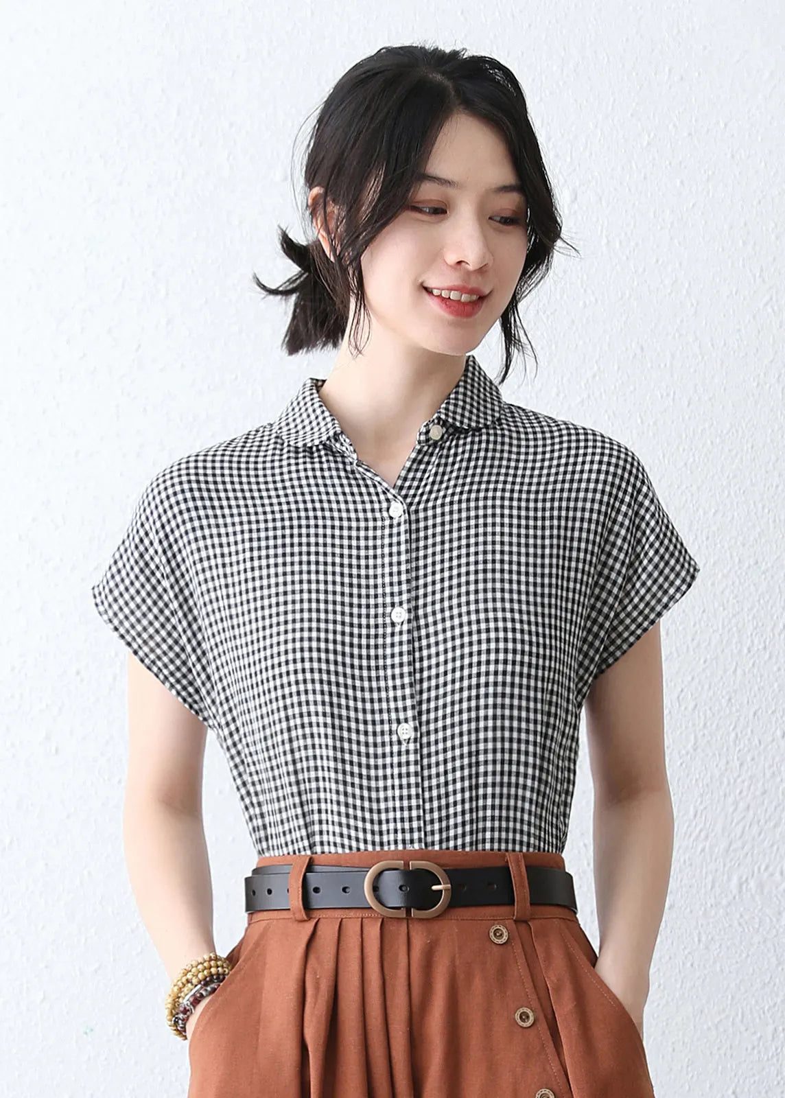 Black & White Plaid Linen Blouse - Handmade Cap Sleeves 2891