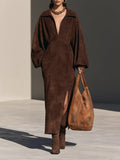Elegant Brown Suede Half-Zip Long Sleeve Maxi Dress with Side Slit