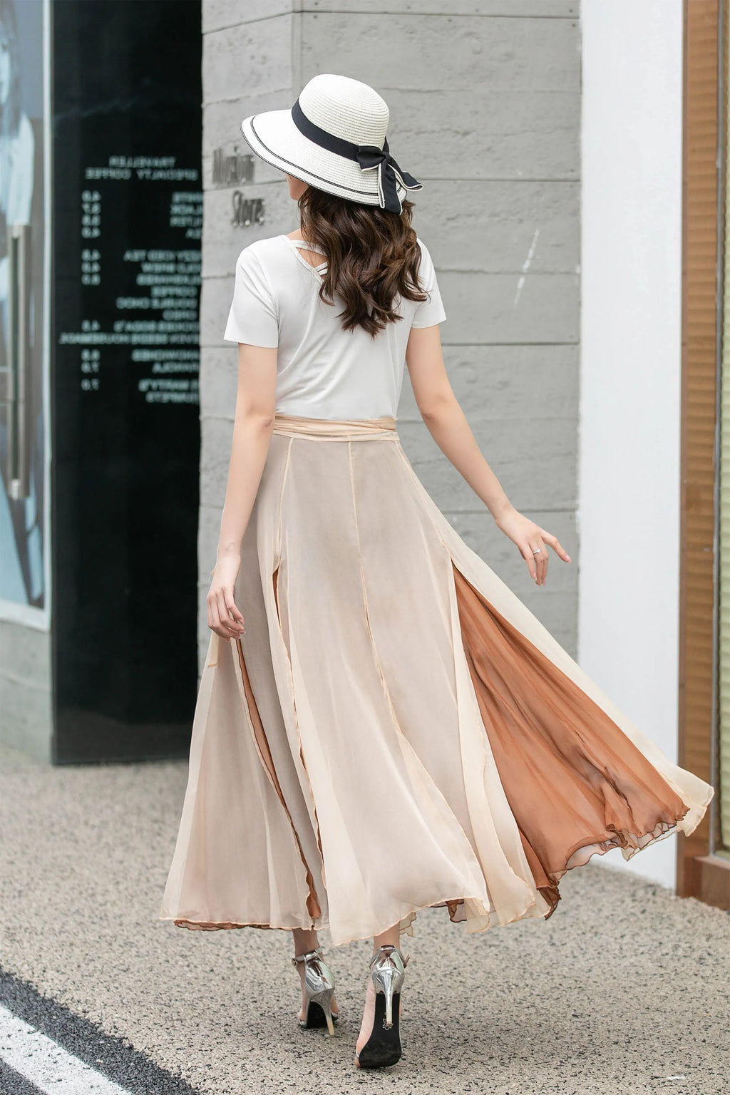 Apricot Chiffon Midi Wrap Skirt - Flowing Circle Silhouette 4277
