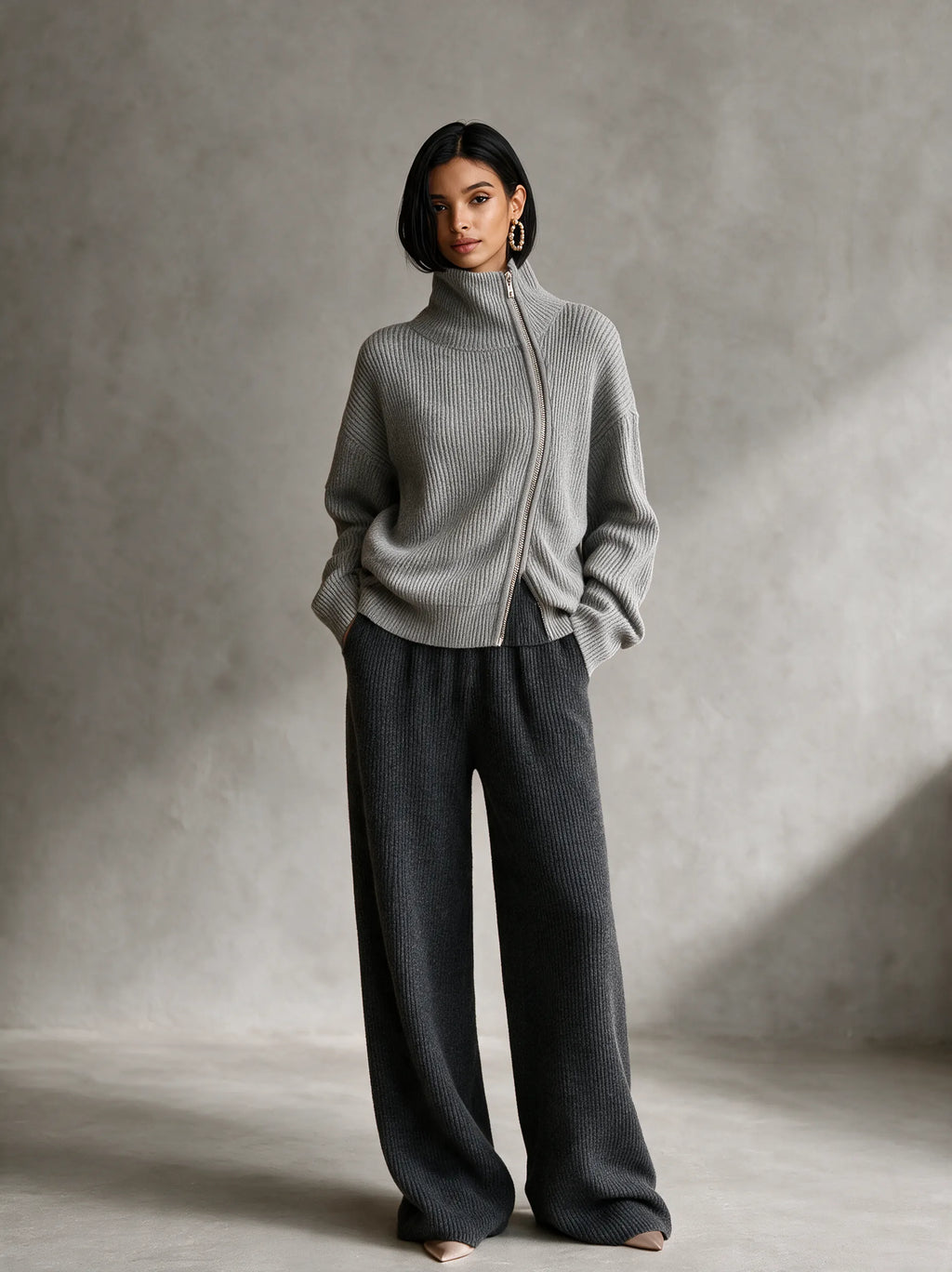 Women's Dark Grey Rib‑Knit Elastic Waist Wide‑Leg Trousers MDZ0311I2R