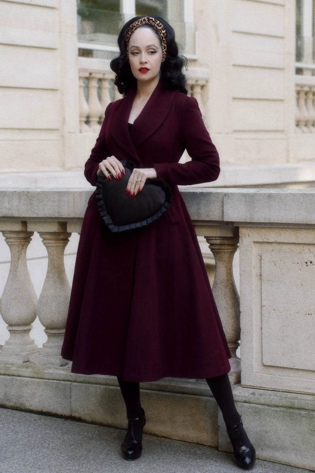 Handmade Burgundy Wool Swing Coat – Vintage Fit and Flare Double-Breasted Overcoat 