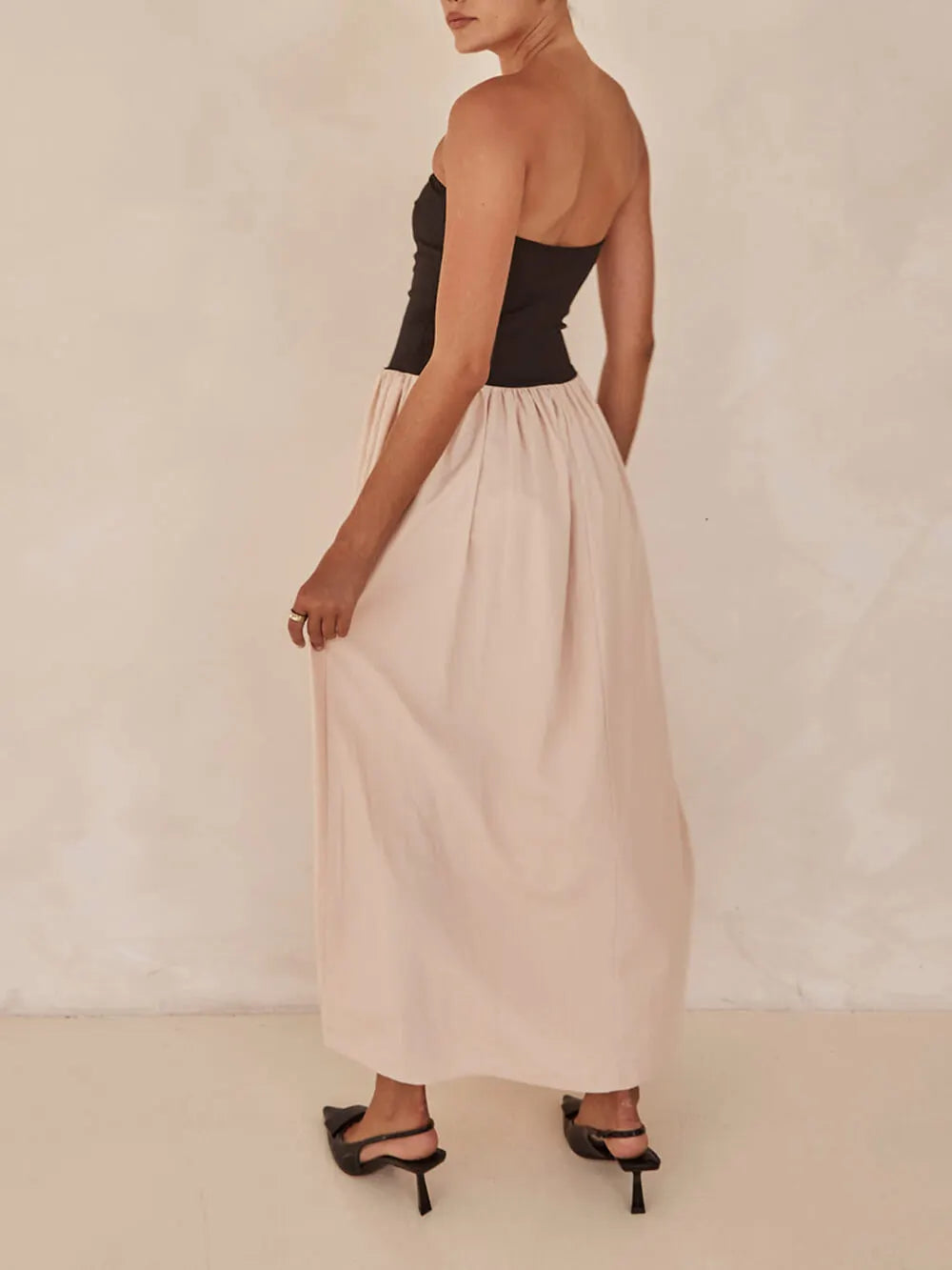 Strapless Black And Charming Sand Paneled Maxi Dress
