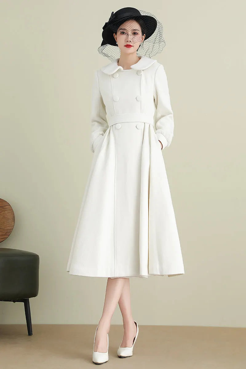Handmade White Wool Coat – Long A-Line Swing Winter & Wedding Overcoat for Women 