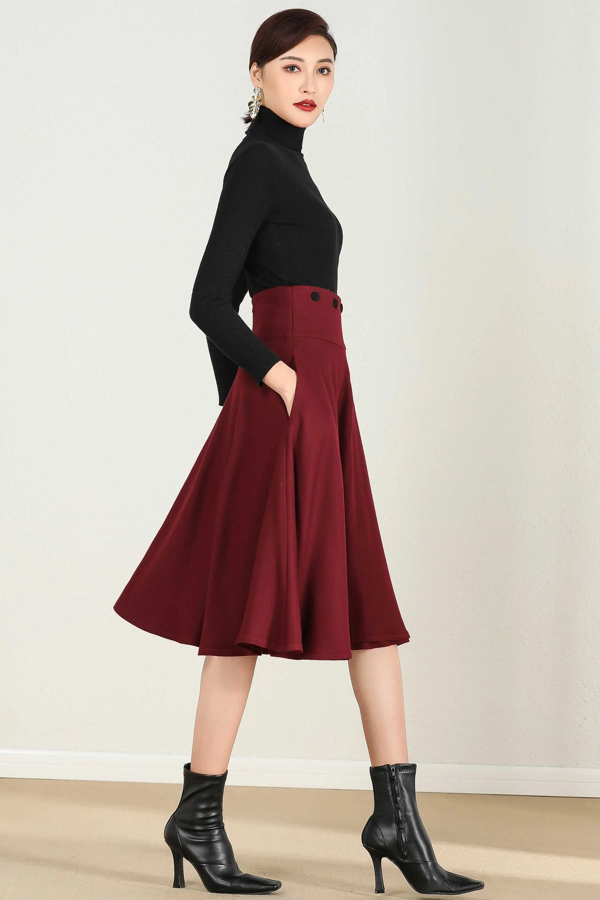 Wine Red Wool Blend High Waist Midi Skirt with Bow Tie – Vintage A-Line Winter Skirt 2433