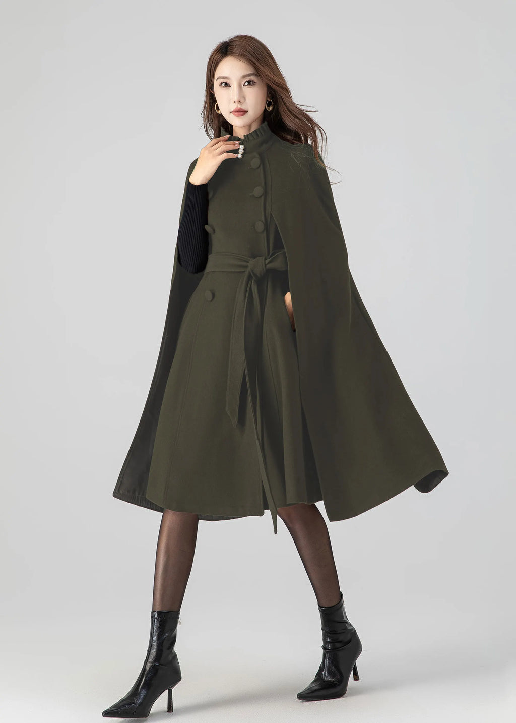 Army Green Wool Cape Coat – Women’s Vintage Stand Collar Cloak with Belt 5552