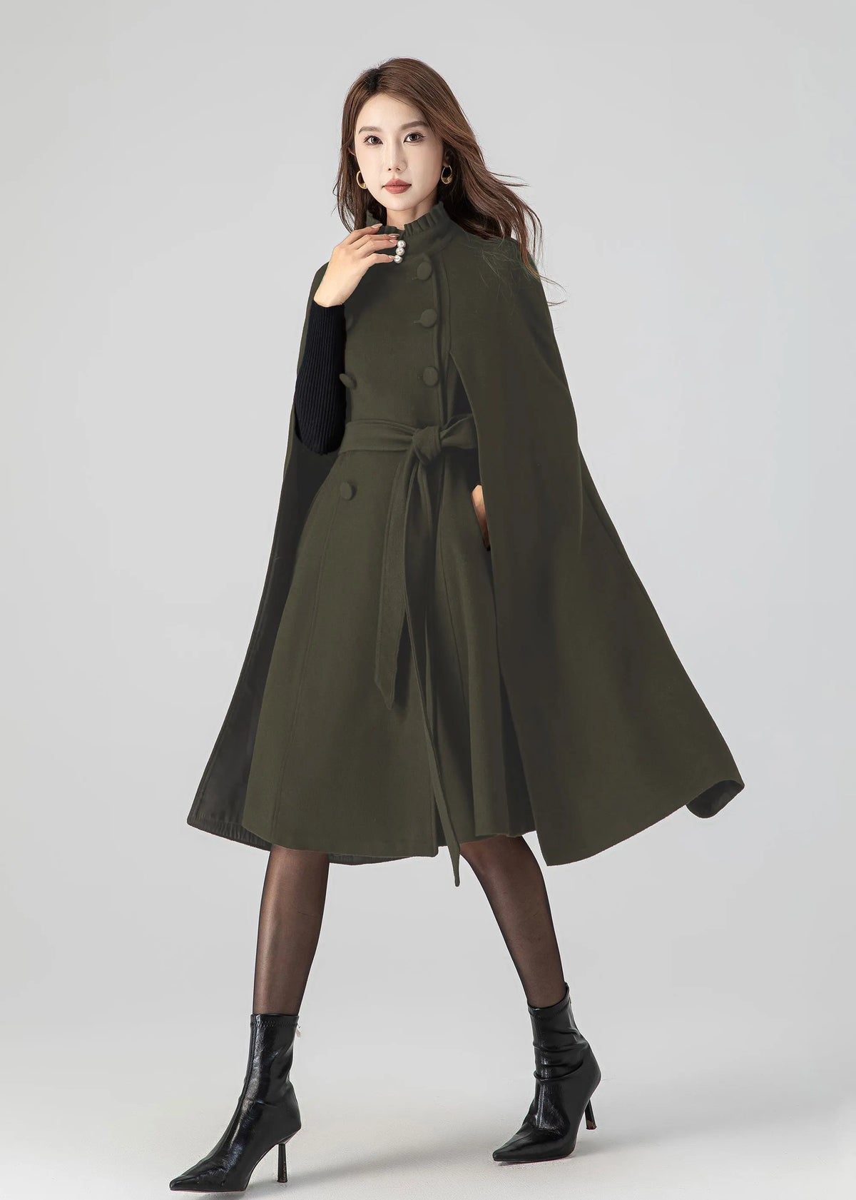 Army Green Wool Cape Coat – Women’s Vintage Stand Collar Cloak with Belt 5552
