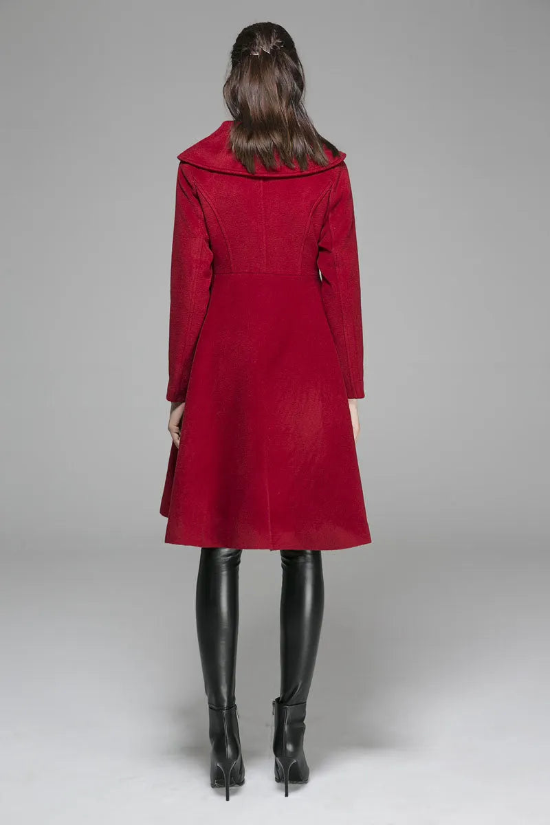 Red Wool Coat Dress – Winter Holiday Party & Romantic Evening Overcoat 1366