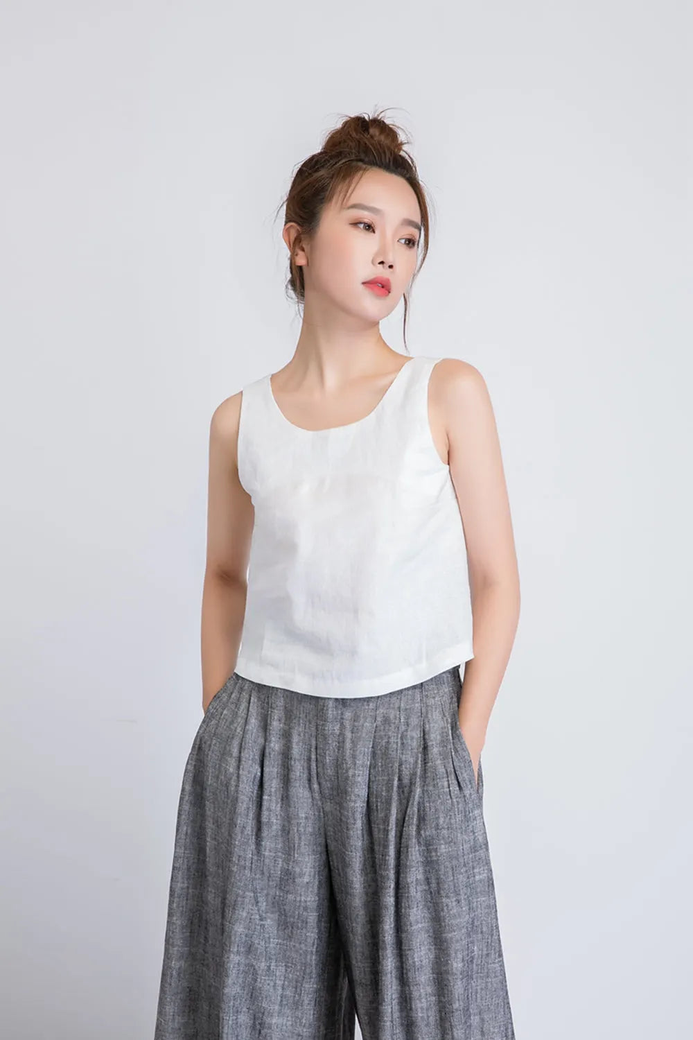White Linen Sleeveless Top - Loose Fit, V Back 1946