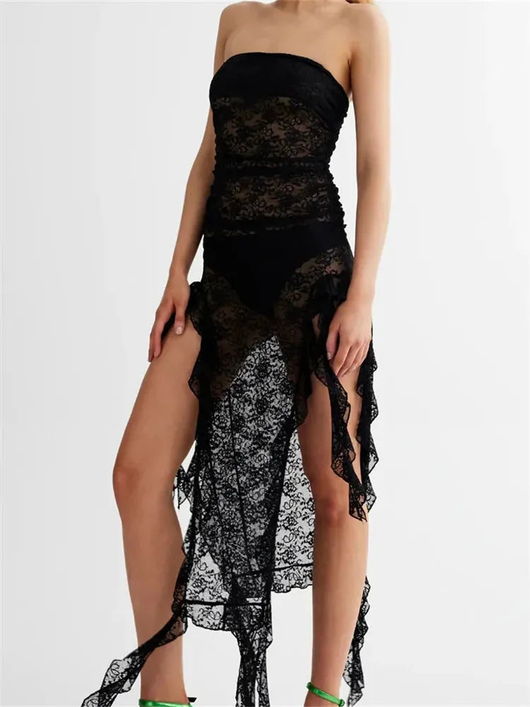 Sexy Women Lace Tube Strapless Off Shoulder Backless See Through Irregular Hem Split Tassels Clubwear New