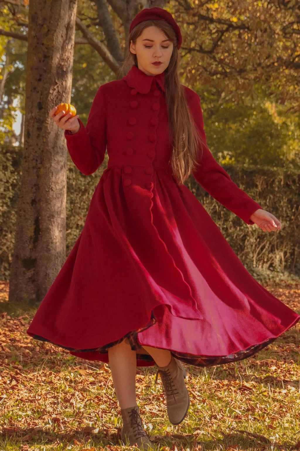 Red Wool Maxi Coat - Vintage Princess Silhouette with Pleated Detail 3219
