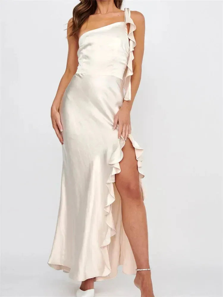 Women Summer Evening Sleeveless Strap Backless Off Shoulder High Split Ruffles Party Female Vestidos