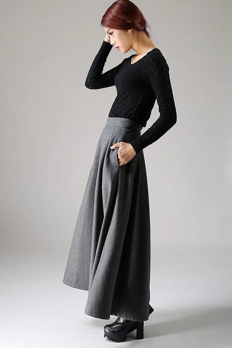 Dark Grey Wool Blend Maxi Skirt – Handmade Pleated High Waist Winter Elegance 1091