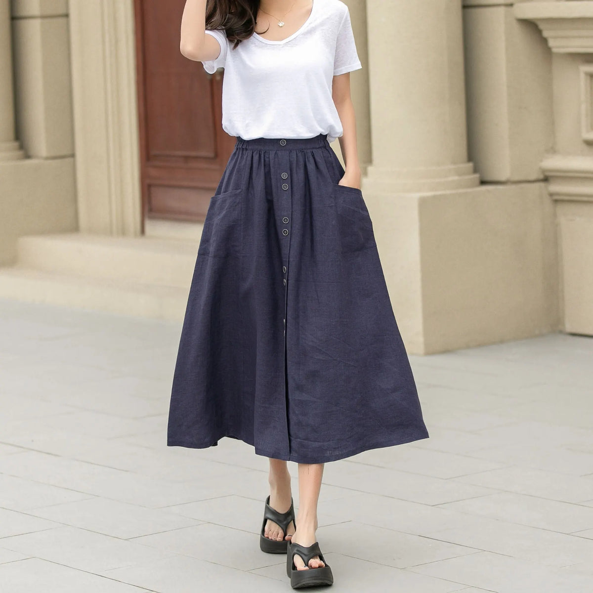 Dark Blue Linen Midi Skirt - Button-Up, Elastic Waistband 4944