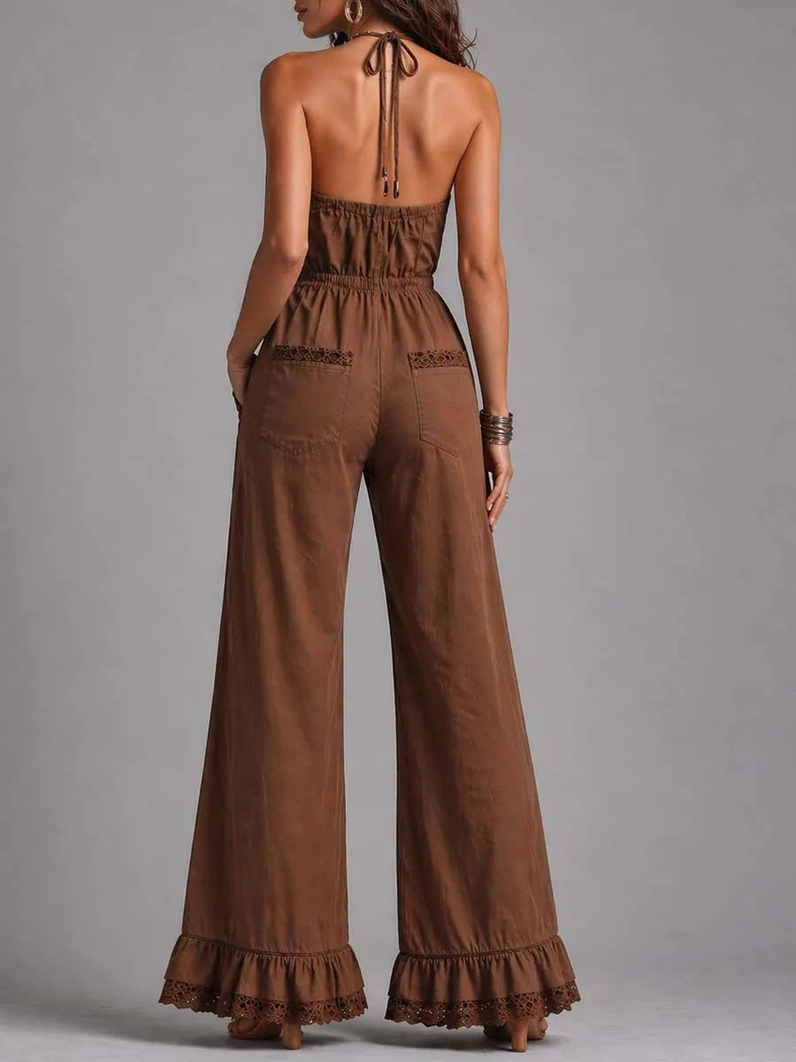 Vintage Brown Lace-Trim Halter Neck Flared Jumpsuit