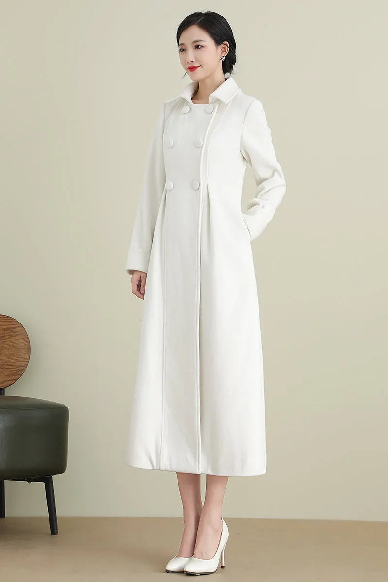Xiaolizi White Long Wool Coat for Women – Handmade Double Breasted Winter Wedding Coat 3903