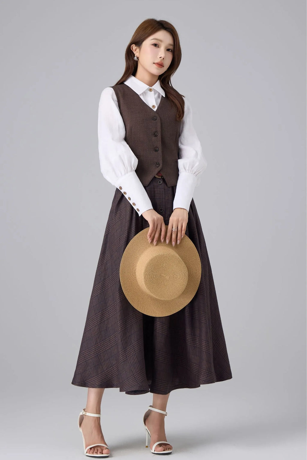 Brown Linen Cotton Skirt - Plaid High Waist 