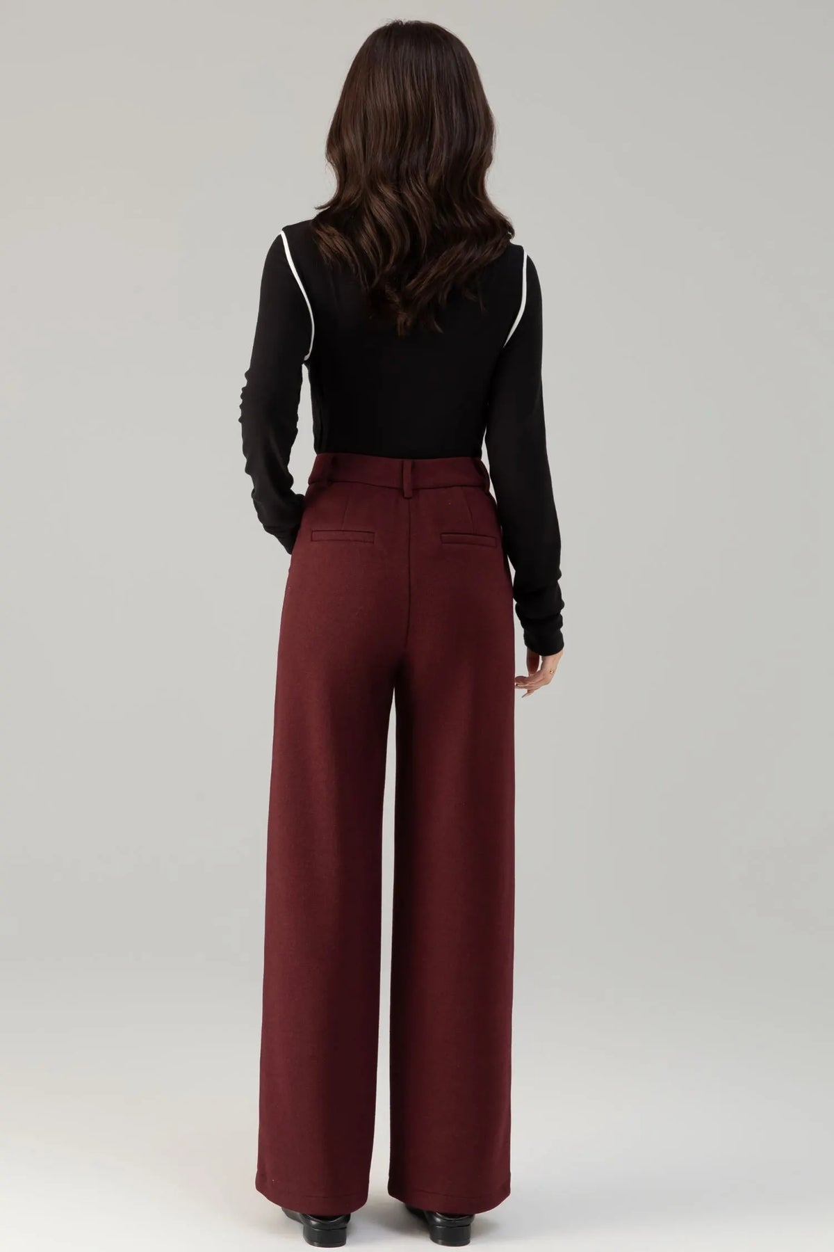 Burgundy Wool Wide Leg Pants - Loose Fitting Casual Winter 6465