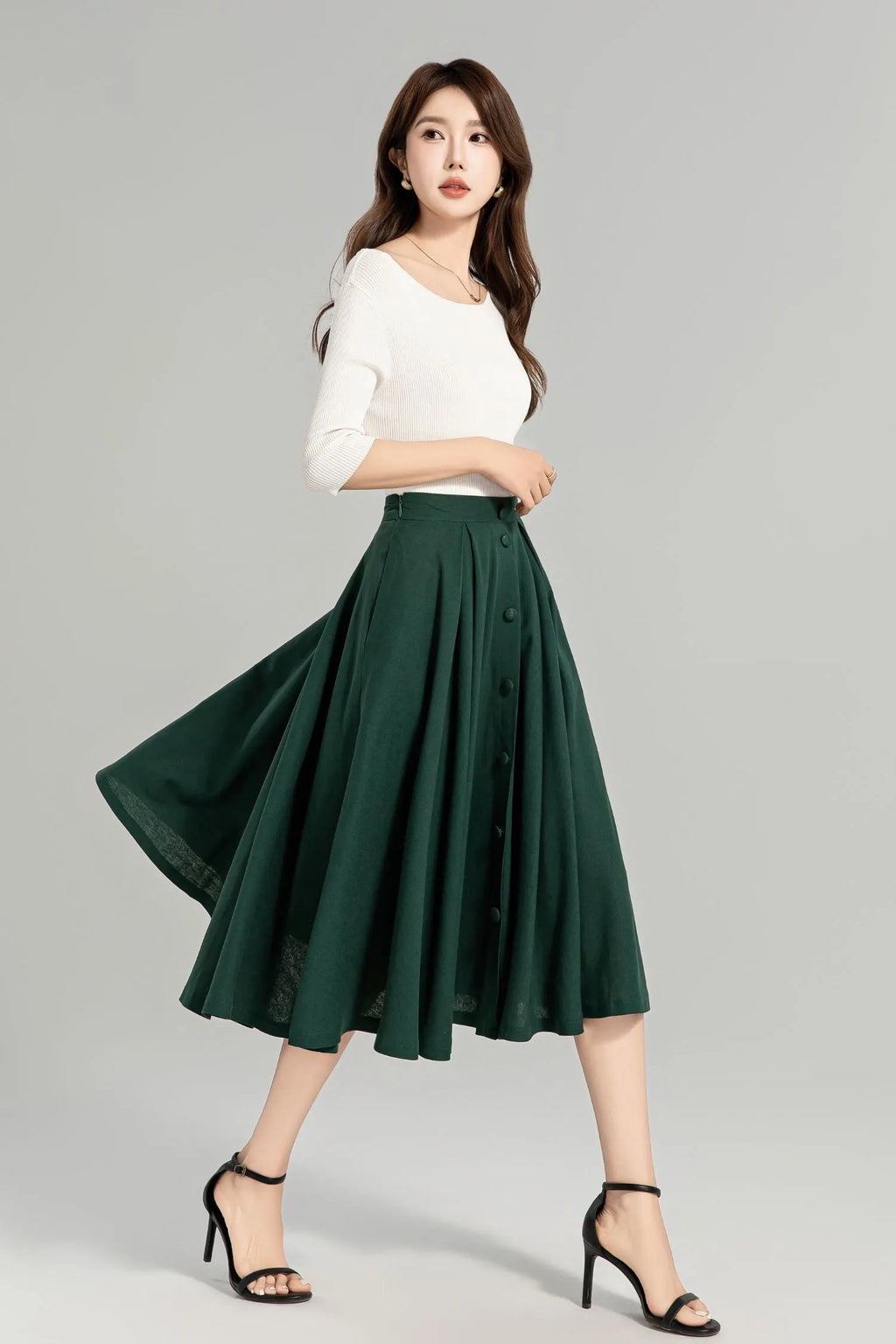 Dark Green Linen-Cotton Midi Skirt - A-Line Silhouette, Button-Down Detail 4963