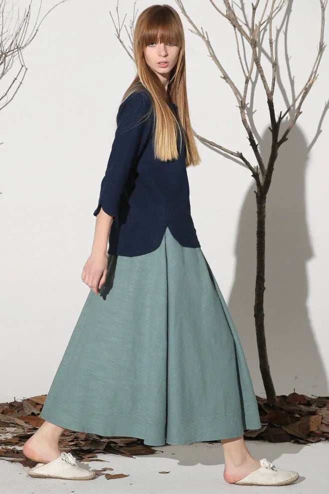Light Green Linen Skirt – Elastic Waist Maxi Skirt with Front Buttons 