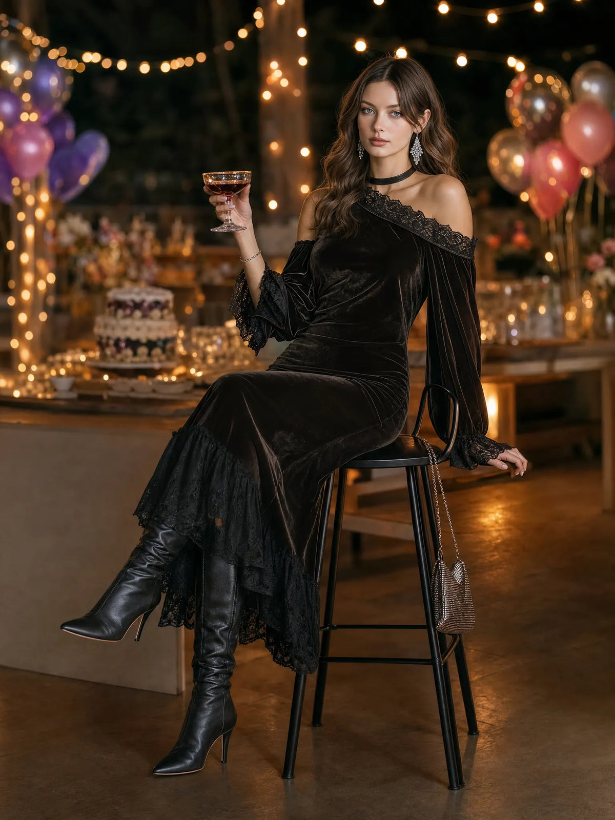 Women's Off Shoulder Velvet Lace Trim Black Dress MDZ0350I2YZJ