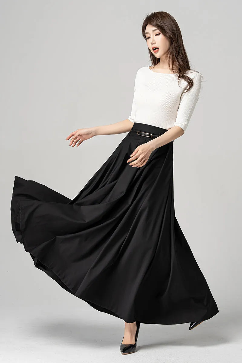 Black Polyester Pleated Maxi Skirt - Flowy Ankle Length 4189
